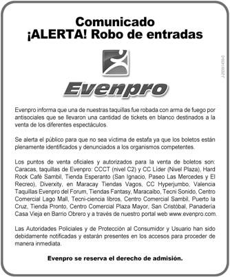 Comunicado ¡ALERTA! Robo de entradas