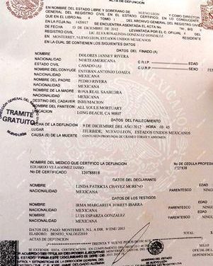 Acta de defunción de Jenni Rivera circula por la red y aqui te la mostramos