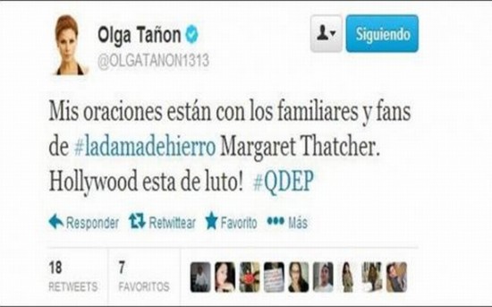 Se burlan de Olga Tañon por confusión sobre muerte de Margaret Thatcher