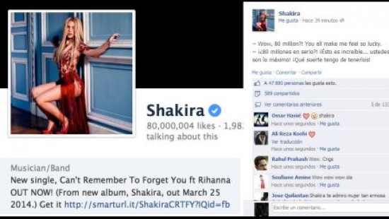 Shakira alcanzó los 80 millones de fans en Facebook