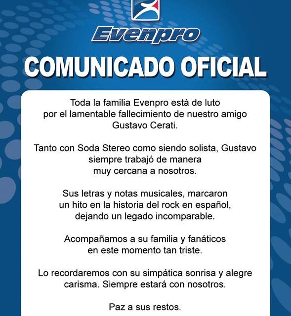 Comunicado Oficial Evenpro: Fallecimiento de Cerati