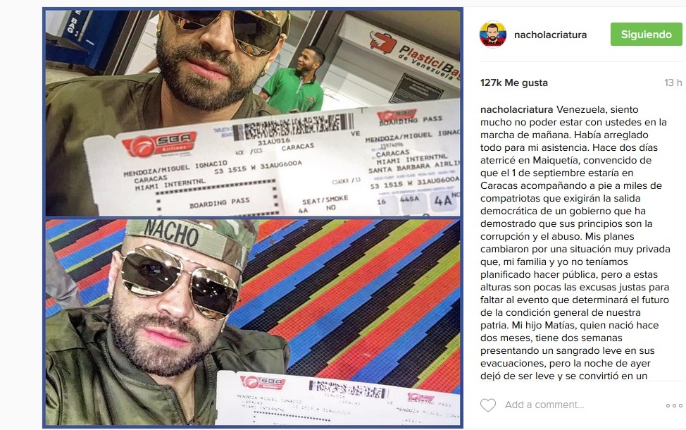 Nacho no asistirá a la »Toma de Caracas» por emergencia con su hijo Matías