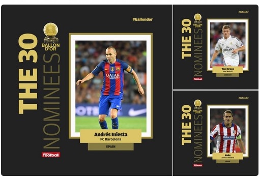 Iniesta, Koke y Toni Kroos también aspiran al Balón de Oro
