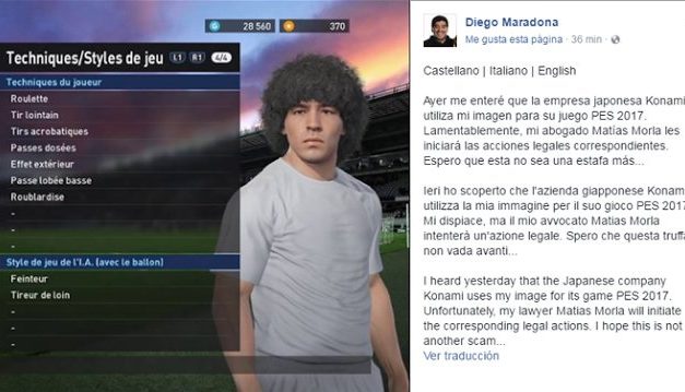 Maradona anuncia acciones legales contra creadores del videojuego PES 2017
